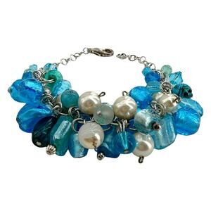 Ocean Blue Glass Silver Tone Dangle Bracelet 8 inch Adjustable Length